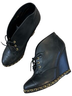 Chanel Black Leather Gold Chain Around CC Logo Lace Up Tie Ankle Wedge Boot 36.5